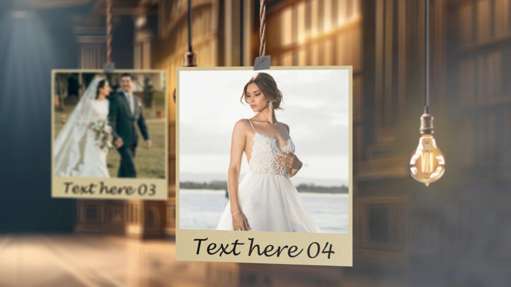 Wedding Slideshow Template for After Effects: Hanging Polaroid Style Photos with Customizable Text "Text here 03" and "Text here 04". Elegant design featuring vintage Polaroid-style photos suspended by strings, perfect for showcasing wedding memories. Easily personalize with your own photos and text for a unique wedding video.