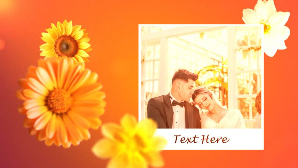 Wedding Slideshow Template for After Effects: Floral Polaroid Style Photo with Customizable Text "Text Here". Vibrant and cheerful design featuring a Polaroid-style photo of a couple with floral accents. Easily personalize with your own photos and text for a warm and inviting wedding video.