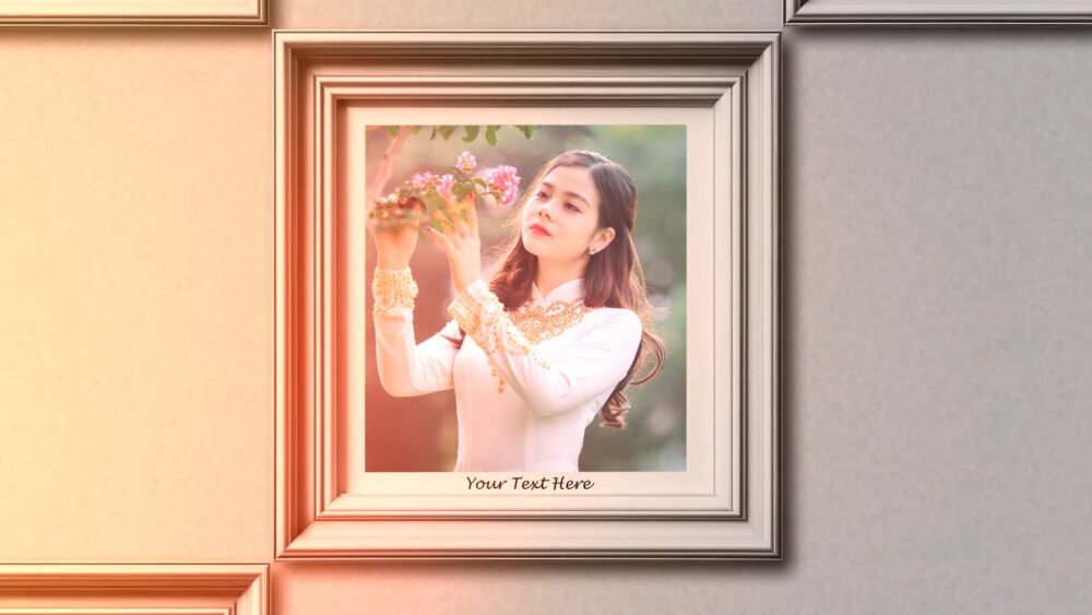 Framed wedding photo slideshow template featuring a bride in an elegant white dress, softly lit with a warm, romantic glow. Perfect for creating a professional wedding slideshow or a wedding album presentation.