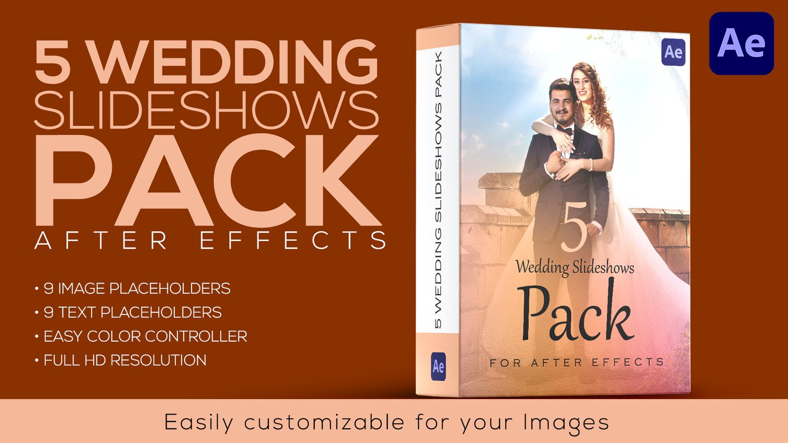 After Effects Wedding Slideshow Templates: 5 Pack with 9 Image/Text Placeholders, Color Control, and Full HD. Create stunning wedding videos with this bundle. Features a digital product box design and is easily customizable for your images.