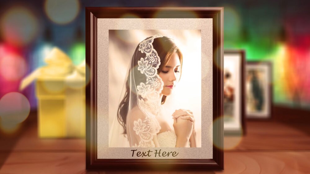 Wedding Slideshow Template for After Effects: Elegant Framed Photo Display with Customizable Text "Text Here". Beautifully designed template showcasing a bride's portrait in a decorative frame, perfect for creating memorable wedding videos. Easily personalize with your own photos and text for a polished, professional look.